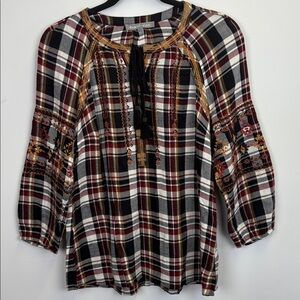 Daniel Rainn Multicolor Plaid Blouse with Embroidery/tassel tie/Size small